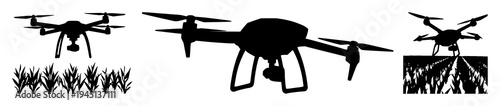 Drone set with solid black silhouette isolated on white background featuring ag-tech progress, crop spraying, smart agriculture with vector design and illustration