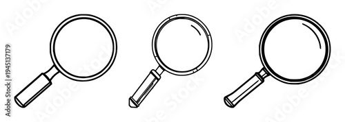 Magnifying glass set with vintage design and heavy line art featuring investigation, detective, search with discovery and tool