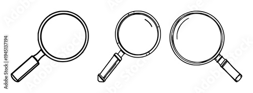 Magnifying glass set with minimalist line art featuring vintage design, investigation symbol, heavy weighting with clean aesthetic and white background