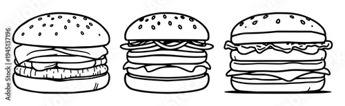 Protein-based meat alternative burger icon set with flat vector design on white background featuring bold borders, sustainable food theme, vegan steak with plant protein and clean lines