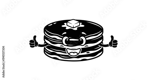 Pancake Stack Mascot Giving Thumbs Up - Black and White Illustration