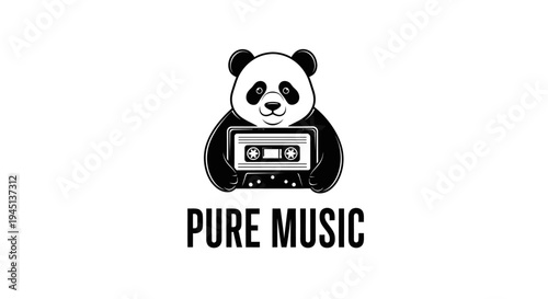 Panda Bear Holding Retro Cassette Tape Music Logo Illustration