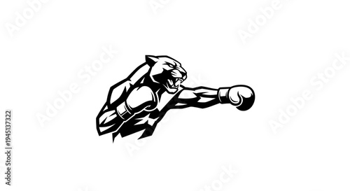 Powerful Panther Boxer Mascot Throwing Punch Black White Vector Graphic