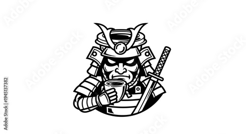 Samurai Warrior Drinking Coffee Mascot Logo Black and White Illustration