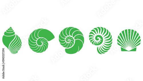 A set of green nautilus shell vector illustrations on a white background