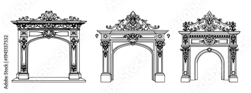Victorian fireplace mantel set with ornate line art design featuring imperial, detailed engraving, flourishes with historical and decorative
