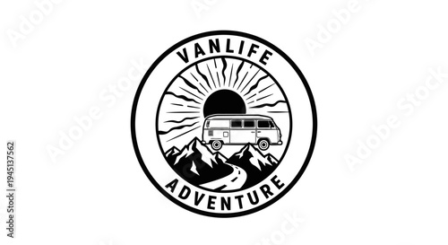 Vanlife Adventure Logo with Camper Van, Mountains, and Sunrise on Winding Road