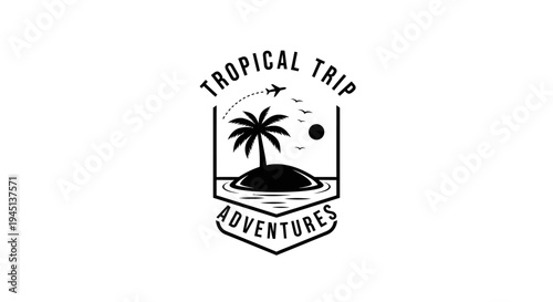 Vintage Tropical Trip Adventures Logo featuring Island, Palm Tree, and Airplane