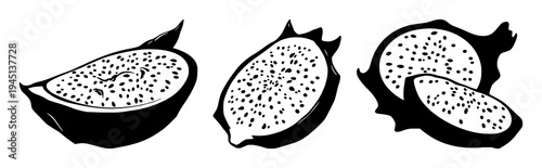 Dragon fruit set with half slice illustration showing seeds featuring exotic fruit, botanical illustration, graphic vector with solid black lines and white background