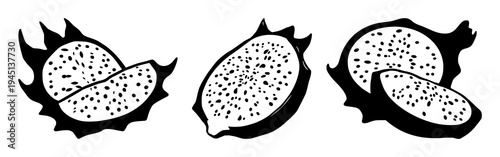 Dragon fruit set with half slice illustration showing seeds featuring exotic fruit, botanical illustration, graphic vector with solid black lines and white background