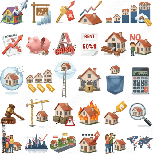 30 Housing Crisis Vectors - Real Estate Market & Property Price Rise Pack, housing crisis, real estate graph, house price rise, property market, home affordability, rising rent, mortgage rates.