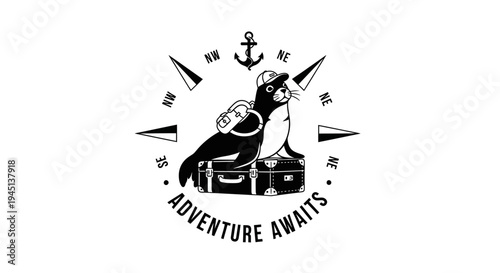 Adventurous Seal Traveler with Compass and Suitcase - Journey Awaits Illustration