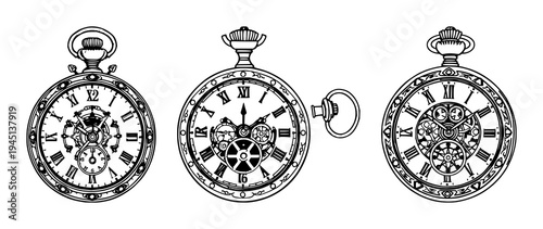 Pocket watch set with ornate Victorian line art design featuring gears, steampunk, Victorian with line art and white background