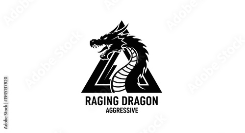 Aggressive Raging Dragon Logo with Triangle Shape in Black and White