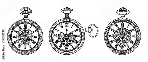 Pocket watch set with ornate Victorian line art design featuring gears, steampunk, Victorian with line art and white background