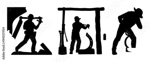 Farrier silhouette set with a blacksmith hammering a horseshoe featuring sharp edges, solid black, professional trade with white background and equine hoof care