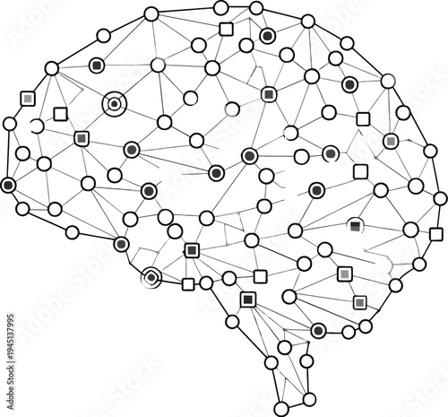 Abstract digital brain illustration with interconnected network nodes and data points representing artificial intelligence, machine learning, and technological thought processes