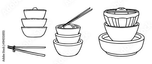 Bento box set with minimalist line art illustration featuring Japanese lunch, Asian food, healthy meal with tiered design and black ink on white background
