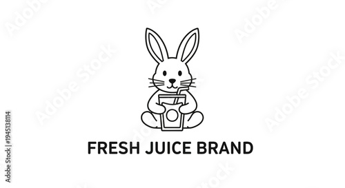Cute Rabbit Mascot Holding Fresh Juice Cup Logo Design Line Art