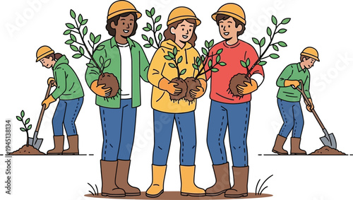 Diverse group of enthusiastic volunteers planting new trees in a community park as part of an ecological conservation project.