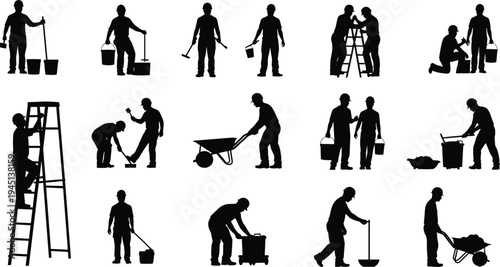 Silhouettes of workers performing construction, cleaning, maintenance, carrying, pushing, climbing, labor activities, industrial tasks, vector illustration, black icons