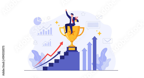 Businessman winning a golden trophy.