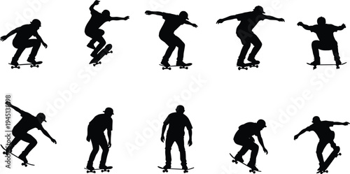 Skateboard silhouette sequence showing trick performance, jump, crouch, landing, dynamic motion, sports activity, youth lifestyle, extreme sport, movement, energy, expressive illustration