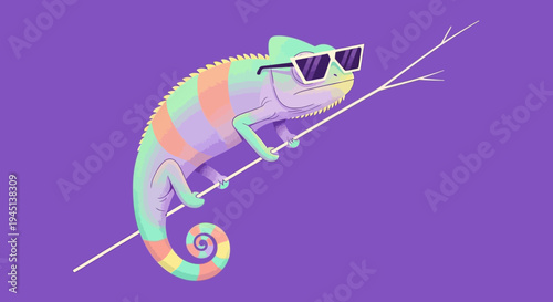 Colorful chameleon wearing sunglasses relaxing.