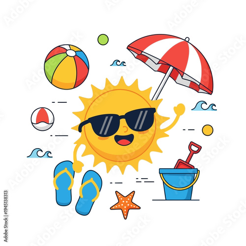 Happy cartoon sun with sunglasses on a beach, summer vacation concept