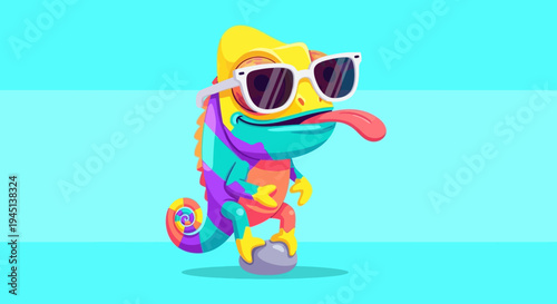 Colorful chameleon wearing white sunglasses.