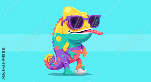 Colorful Chameleon Wearing Sunglasses Walking.