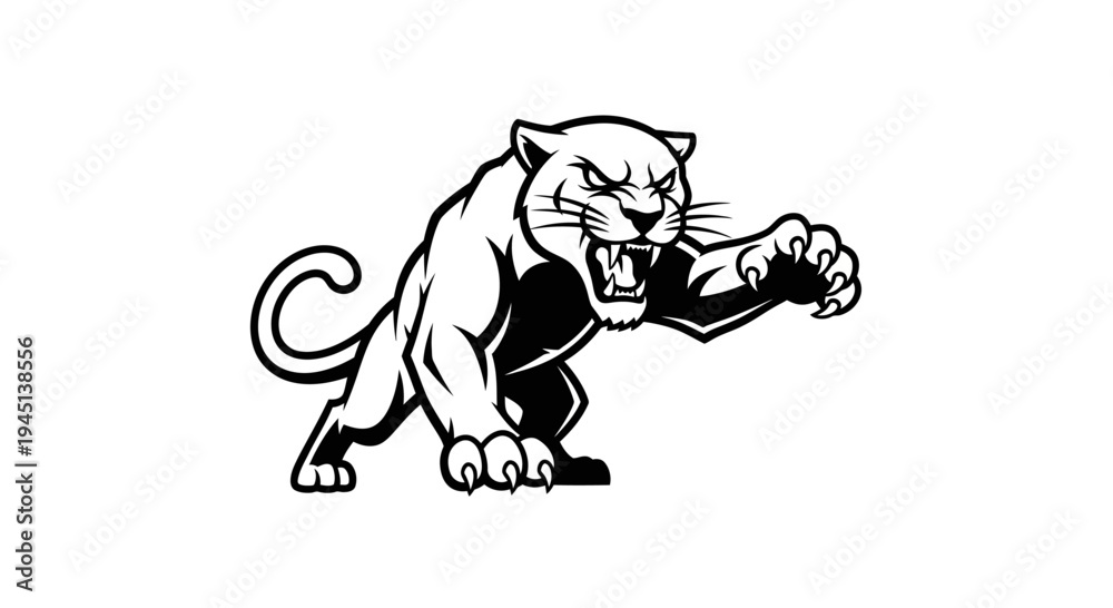 Fototapeta premium Fierce Panther Mascot Roaring and Pouncing - Dynamic Black and White Wild Cat Illustration