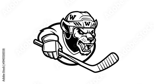 Fierce Panther Hockey Player Mascot Logo in Black and White