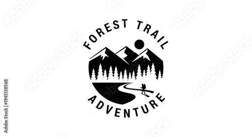 Forest Trail Adventure Logo with Mountains, River, and Kayaker