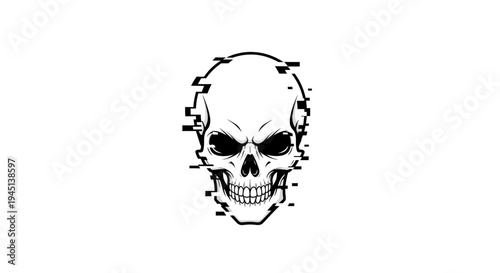 Glitch Skull Digital Art Illustration - Distorted Monochrome Human Skeleton Head