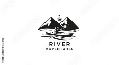 Kayak River Adventure Logo with Mountains and Sun - Vintage Outdoor Sport Emblem