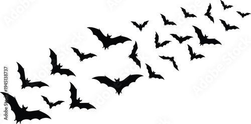 Vector illustration of bat silhouettes flying in diagonal formation with varied sizes symbolizing motion, nature, identity, diversity, culture, tradition, inclusivity, and education