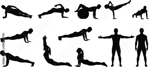 Vector illustration of exercise silhouettes including push-ups, yoga poses, core strengthening, and standing stretches symbolizing