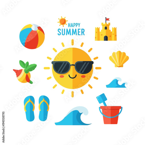 Happy Summer Vacation Beach Elements: Sun, Sandcastle, Beach Ball, Flip-flops, Seashell, Waves