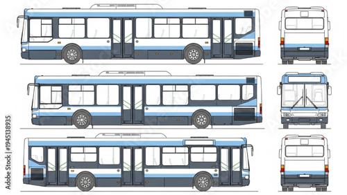 Urban City Bus Multi View Transport Vehicle Illustration Public Transit Passenger Coach Design