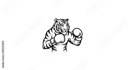 Powerful Tiger Boxer Mascot Illustration in Black and White