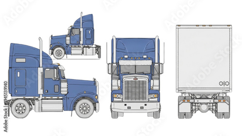 Semi-Truck with Cargo Trailer Multiple Views Commercial Freight Transport Vehicle Illustration