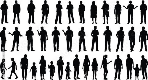 Vector illustration of human silhouettes showing diverse poses including standing, talking, walking, and adults with children symbolizing society, identity, diversity