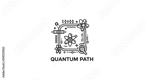 Quantum Path Line Art Illustration: Atom, Science, and Technology Concept