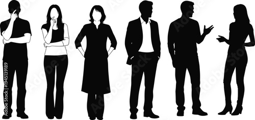 Vector illustration of human silhouettes showing diverse standing poses including thinking, contemplation, confidence, business attire, and conversation symbolizing communication, identity