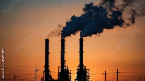Industrial plant with smokestacks emitting smoke at sunset pollution environment factory industry power energy chimney stacks electricity transmission lines wires poles orange sky evening dark