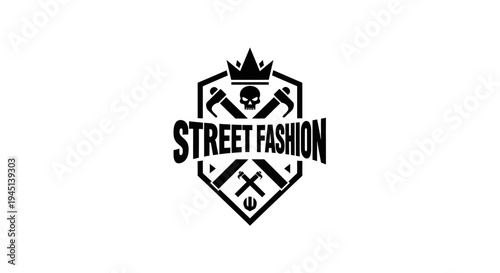 Street Fashion Logo Design with Skull Crown and Crossed Tools Emblem