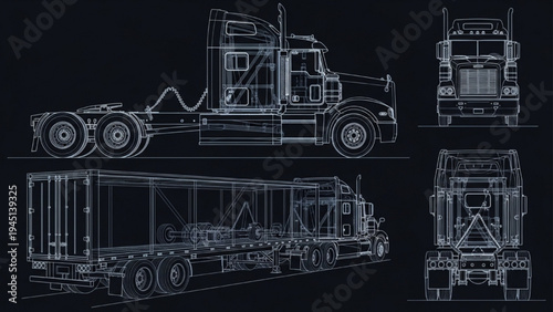 Semi-Truck and Trailer Blueprint Wireframe Multiple Views Logistics Transport Vehicle Technical Illustration