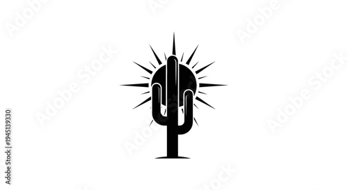 Stylized Black Cactus Silhouette with Sunburst Minimal Desert Symbol Logo