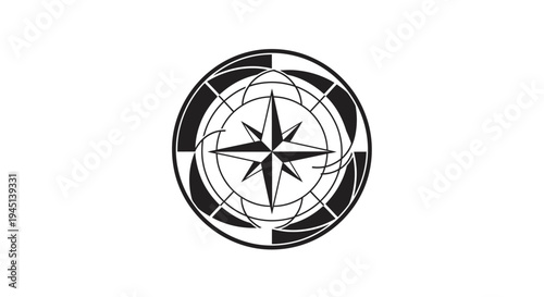 Stylized Compass Rose Navigation Symbol Black and White Graphic Design